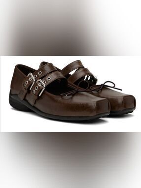 OPEN YY Brown Buckle Ballerina Leather Square Toe Flats Shoes 37 US 7 Mary Jane